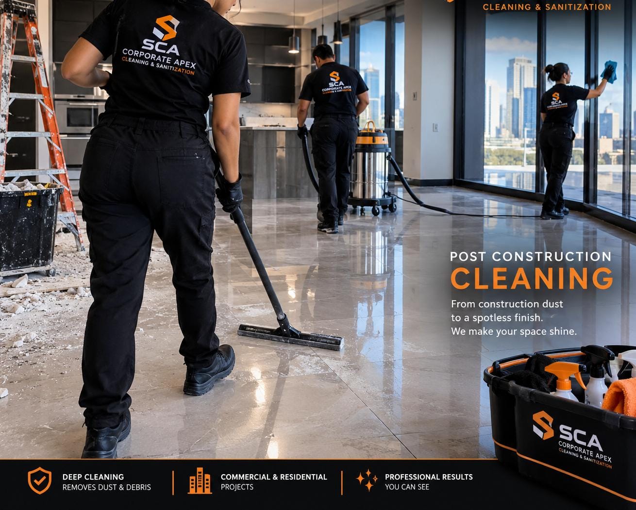 Branded illustrative post-construction cleaning artwork supplied by SCA: crew dust-mopping and vacuuming a polished floor, not a completed client job
